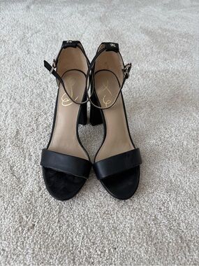 Sam Edelman Black Leather Ankle-Strap Block Heels
